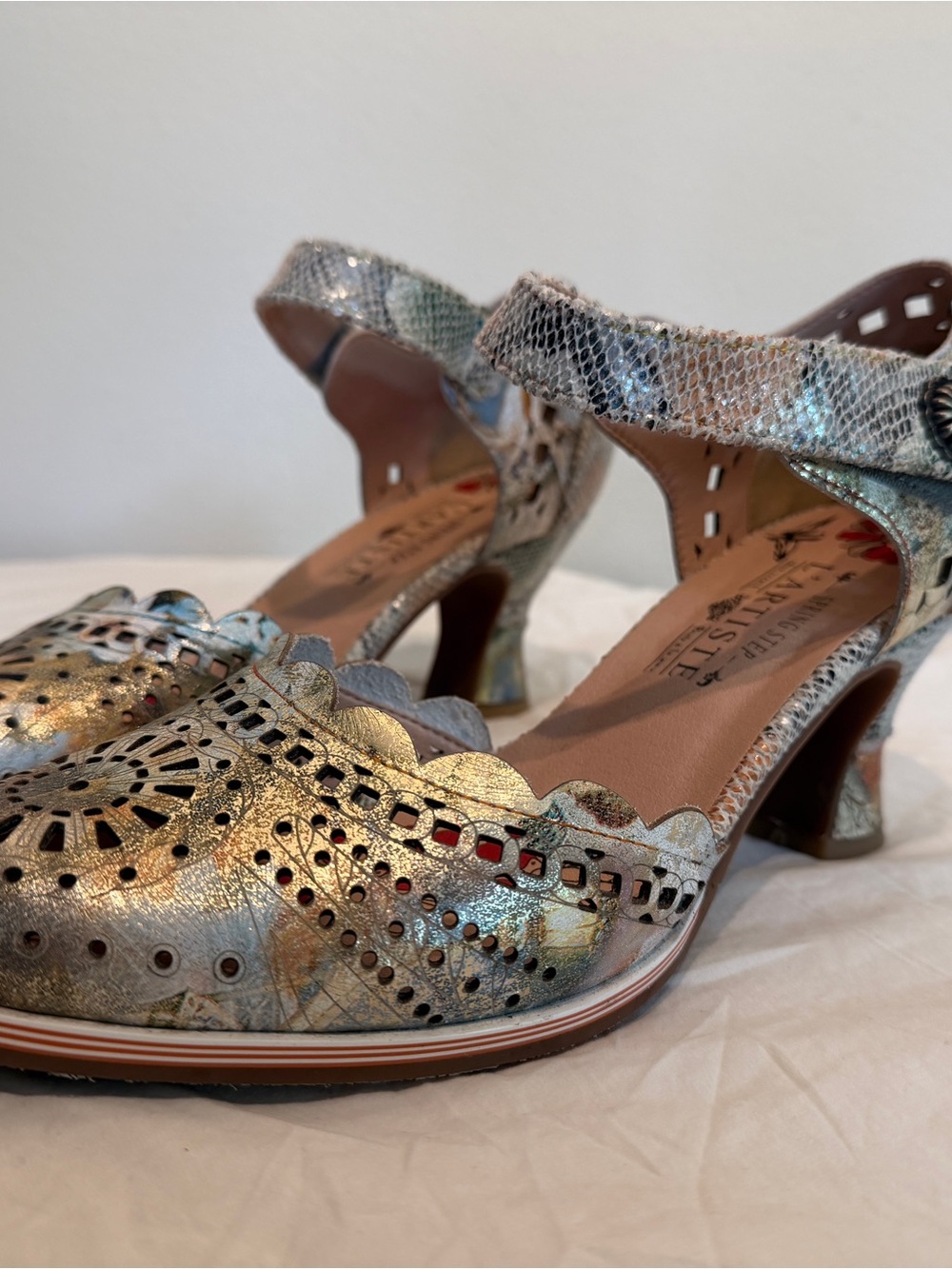 Spring Step L’Artiste Metallic Cutout Scallop Heels in Silver and Gold Tones